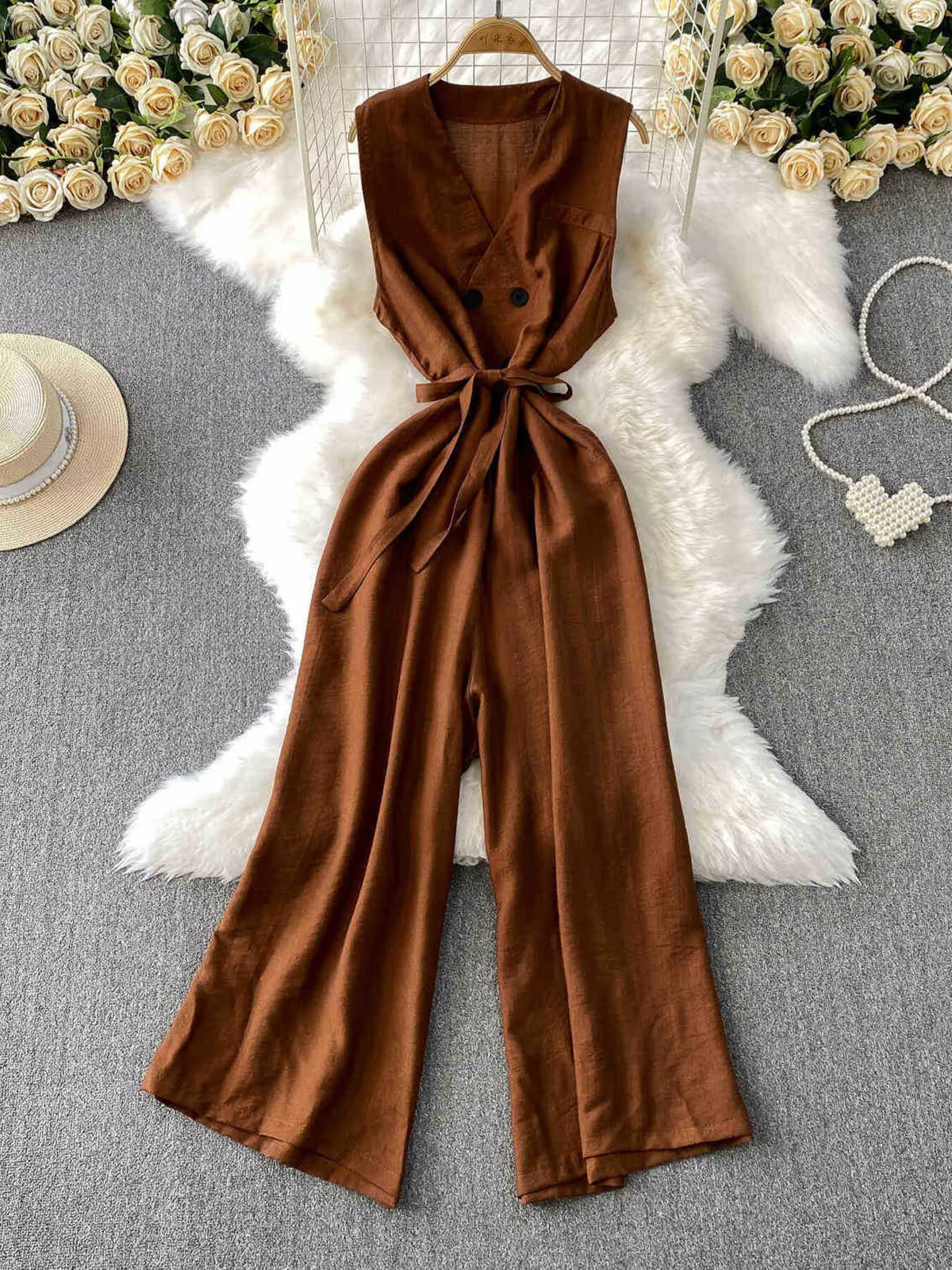 Belted Sleeveless Wide Leg Jumpsuit