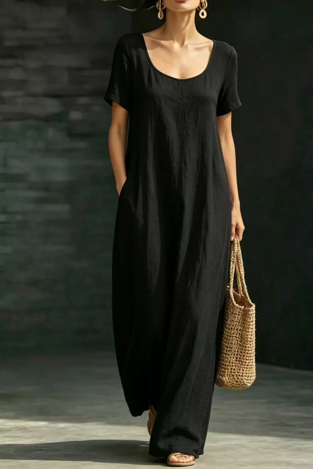 Casual Loose Short Sleeve Maxi Dress with Pockets