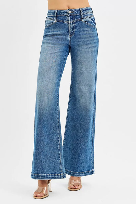 Risen High Rise Wide Leg Jeans with Heart Pocket in Medium Wash