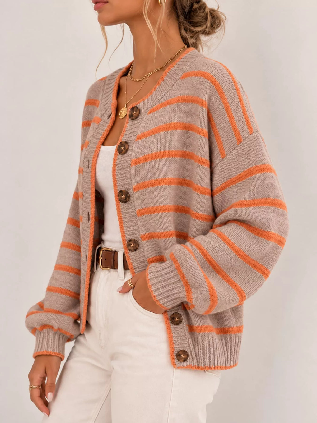 Striped Button-Front Knit Cardigan