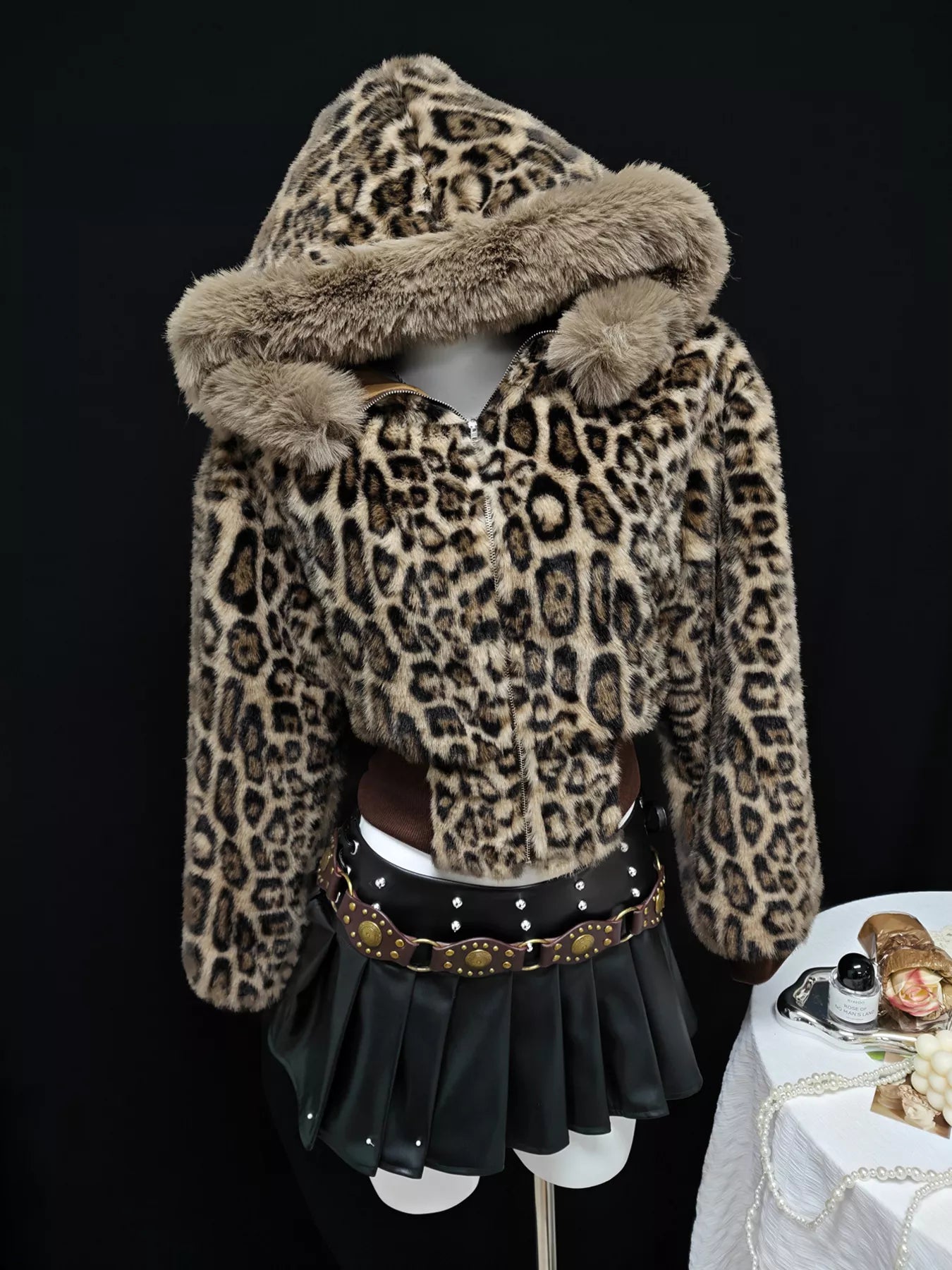 Leopard Faux Fur Hooded Jacket in Brown