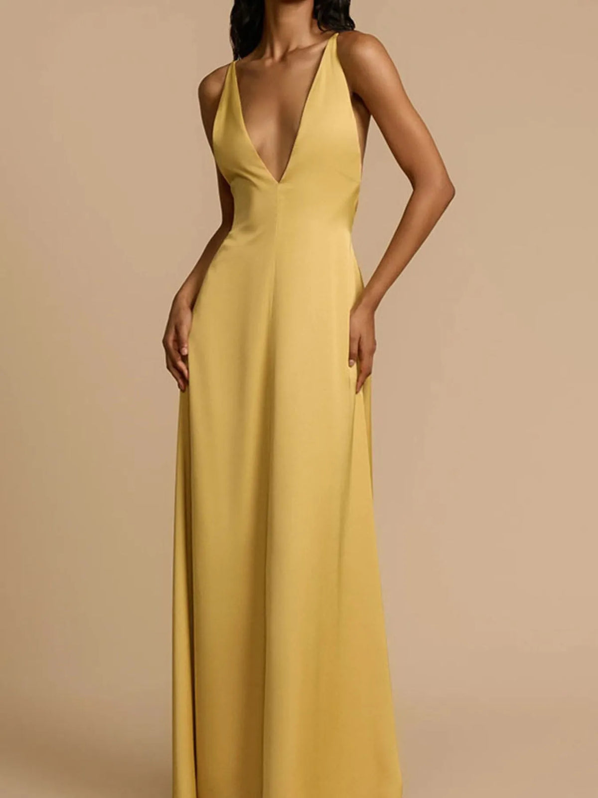 Deep V-Neck Maxi Dress in Gold