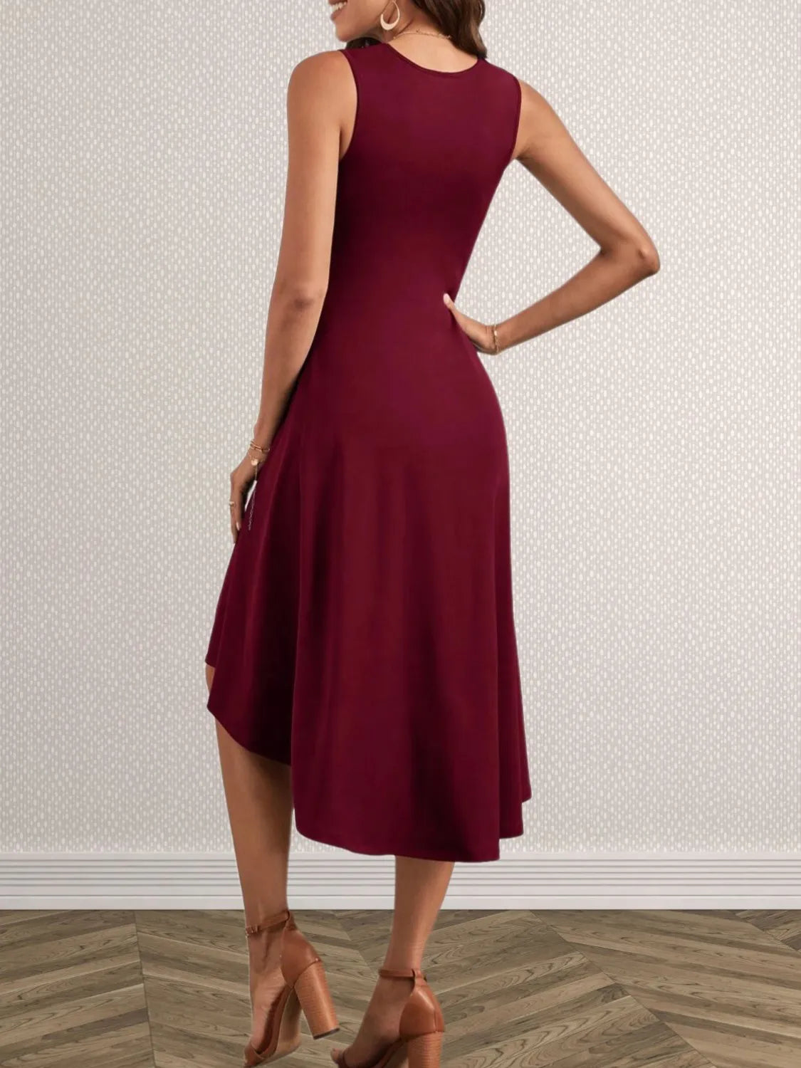 Ruched Round Neck High-Low Dress