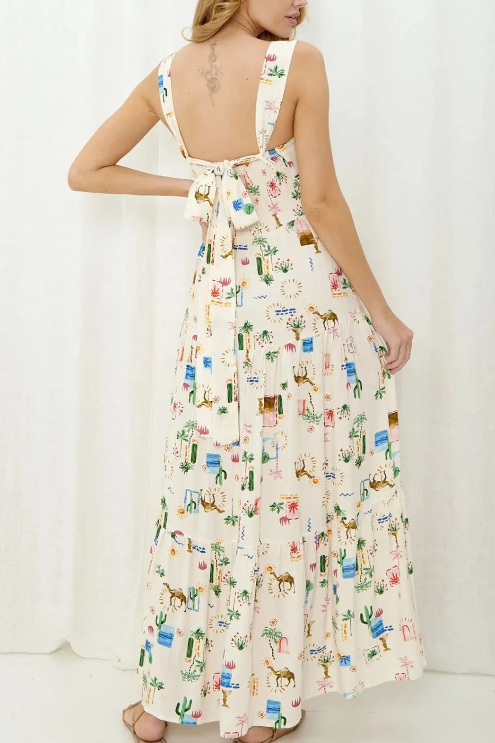 Printed Square Neck Wide Strap Maxi Dress by Shenori