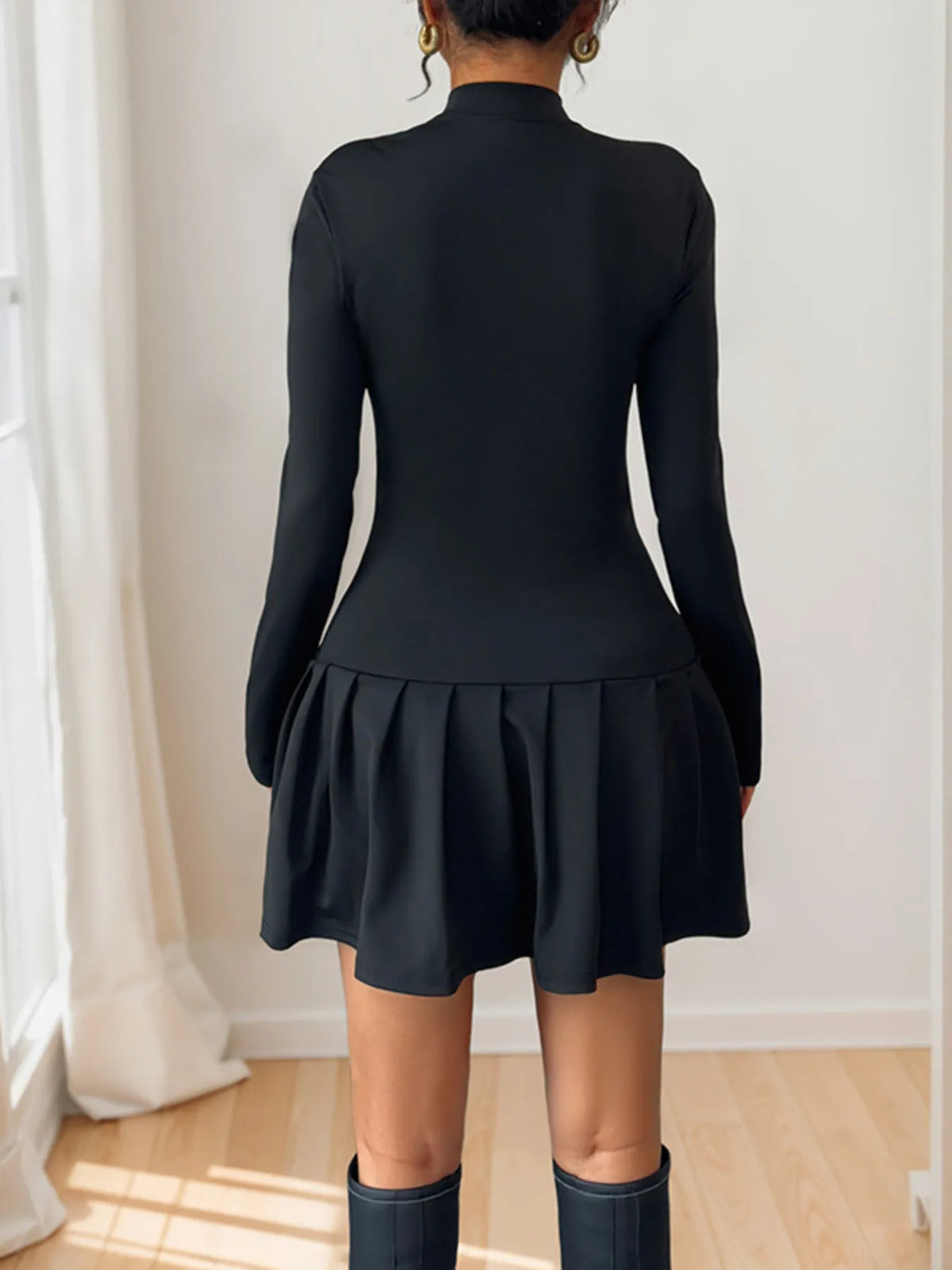 Decorative Button Mock Neck Mini Dress in Black