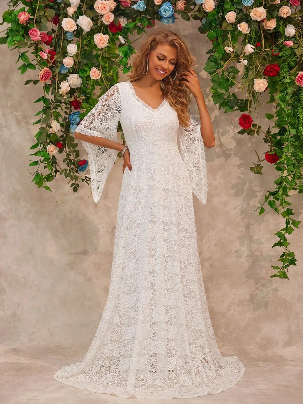 Lace V-Neck Floor-Length Dress in White by Jubilair