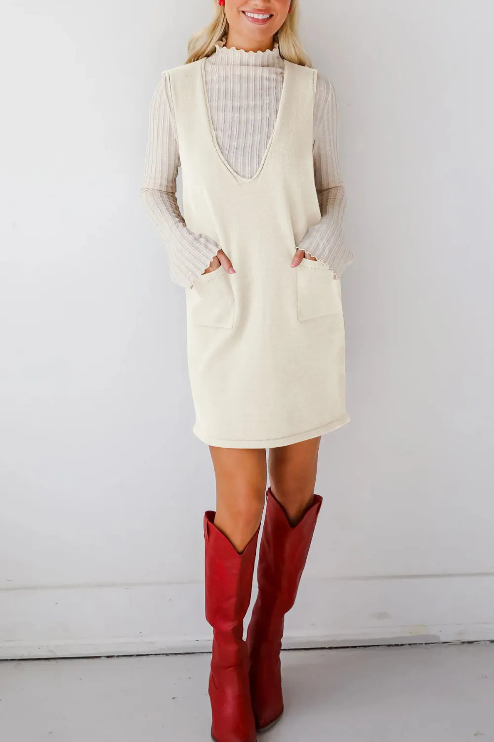 Pocketed V-Neck Mini Sweater Overall Dress