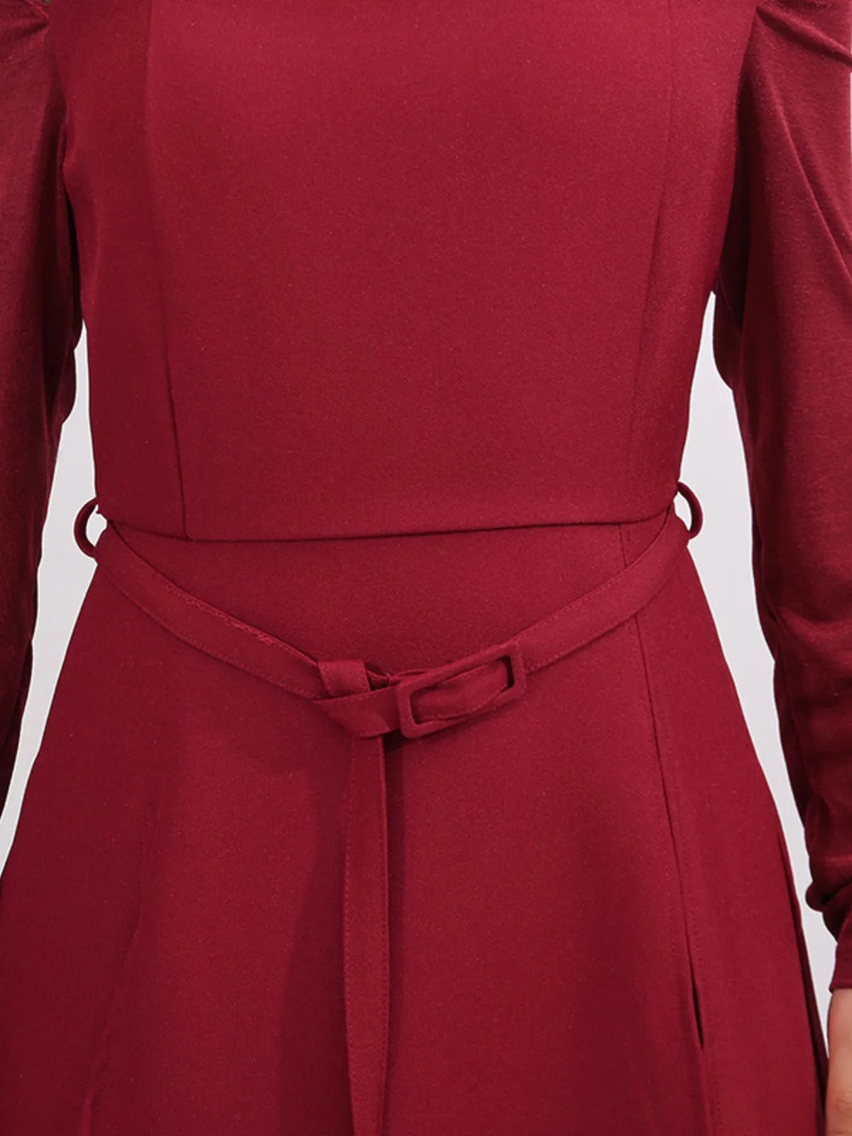 Belted Ruched Slit Long Sleeve Dress