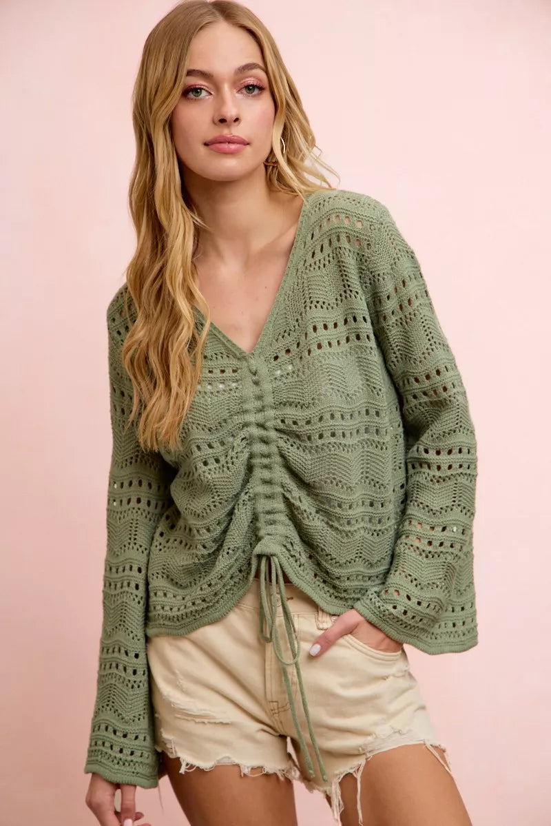 Pointelle V-Neck Ruched Top in Sage Green by BiBi