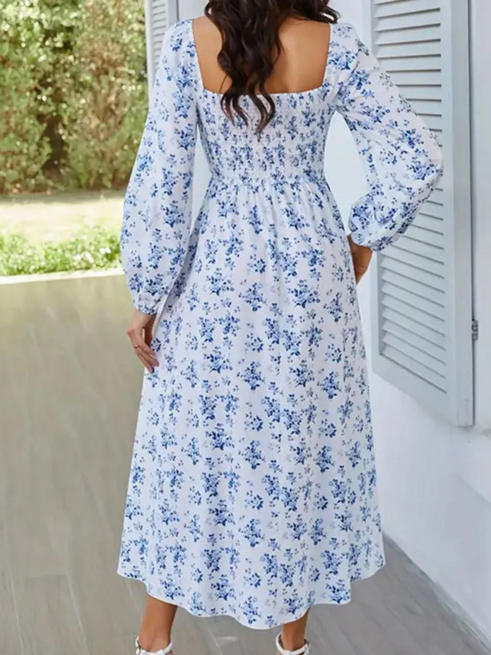 Smocked Floral Square Neck Midi Dress