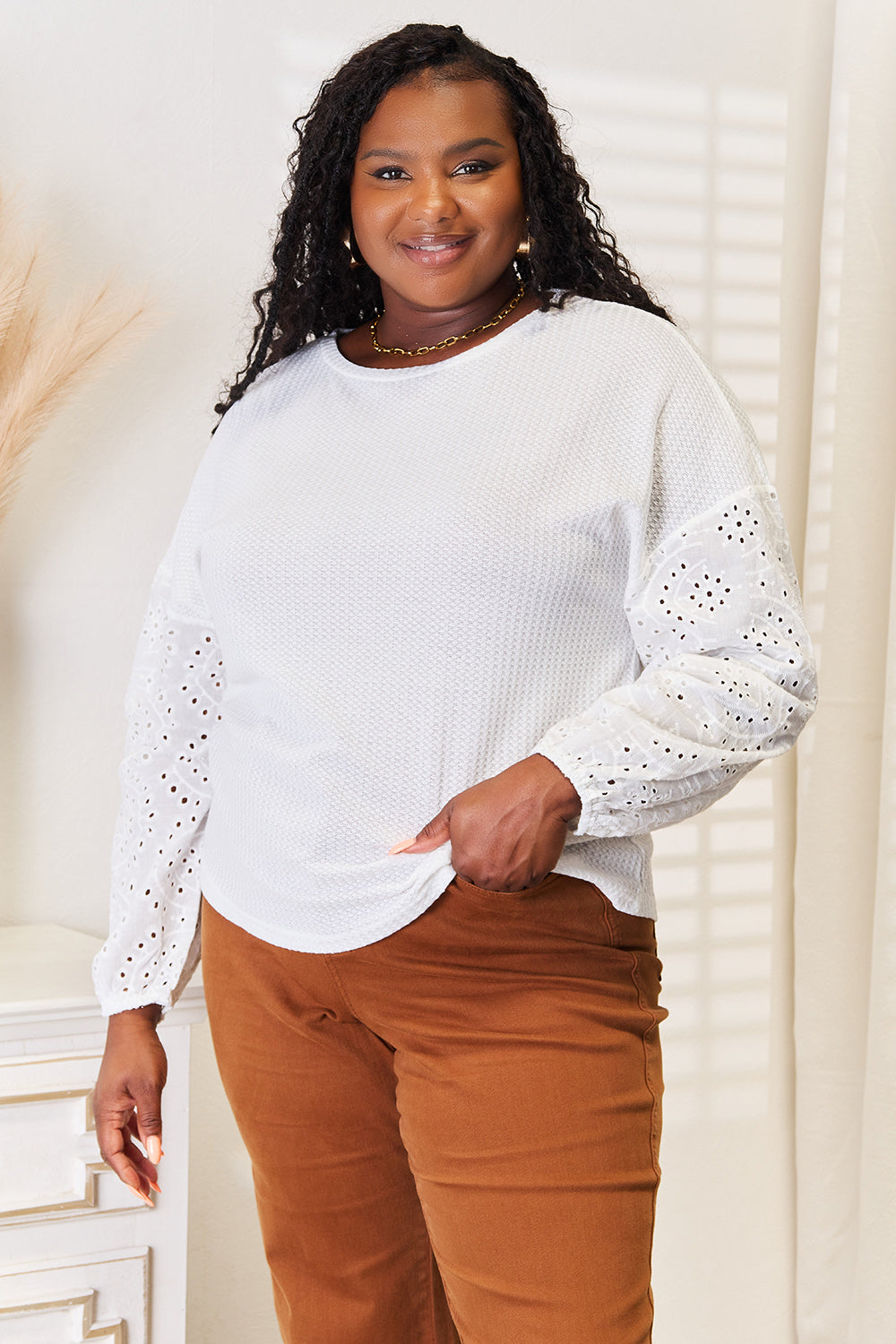 Eyelet Dropped Shoulder Blouse in White