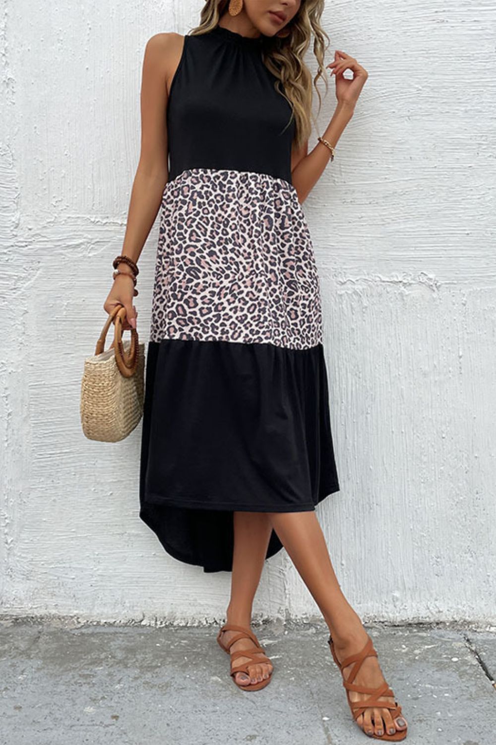 Leopard Contrast Maxi Dress in Black in Black/Leopard