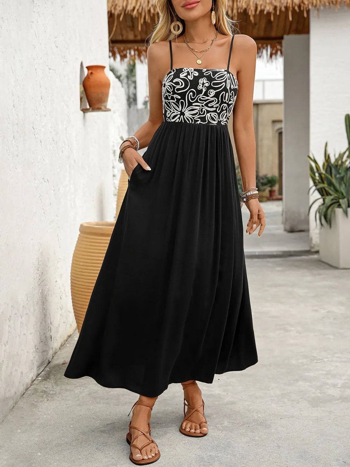 Smocked Cami Midi Dress in Black