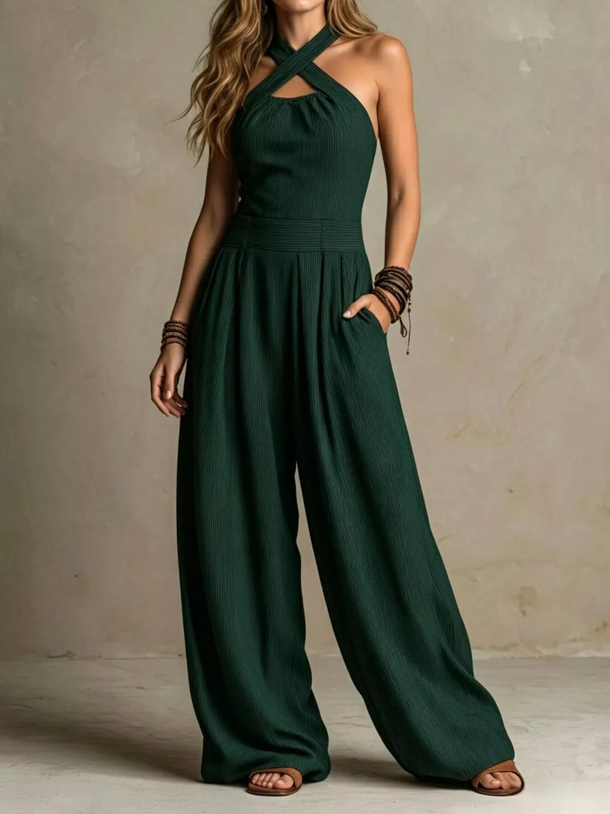 Halter Wide-Leg Jumpsuit with Pockets