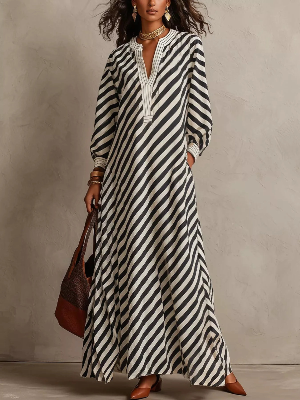 Striped Long-Sleeve Maxi Dress