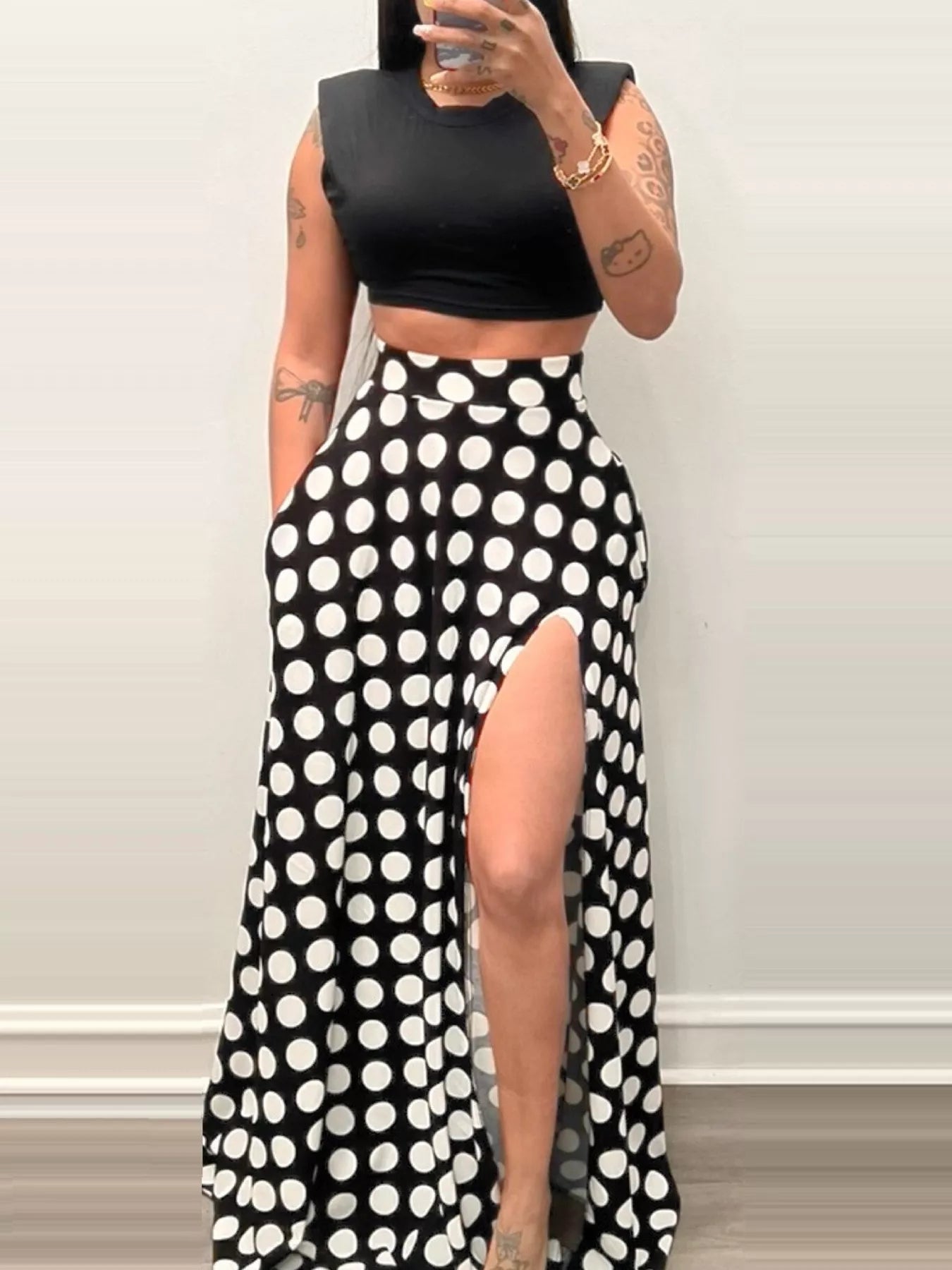Polka Dot High Slit Maxi Skirt in Black