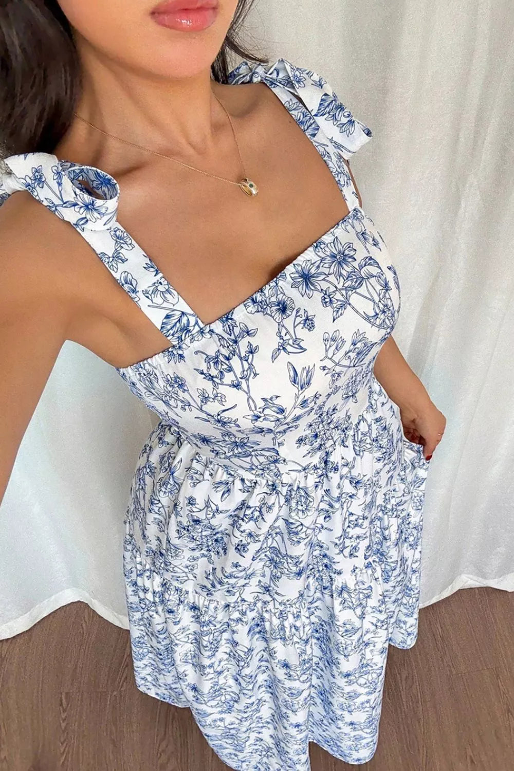 Floral Print Knot-Strap High-Waist Maxi Dress in Light Blue