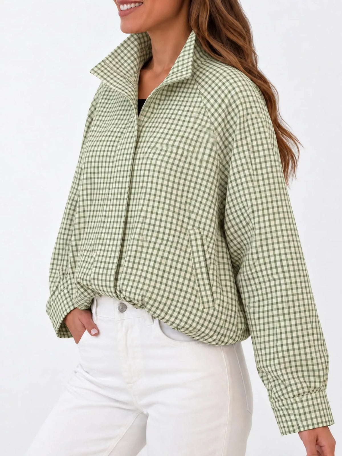 Plaid Stand-Collar Cropped Jacket