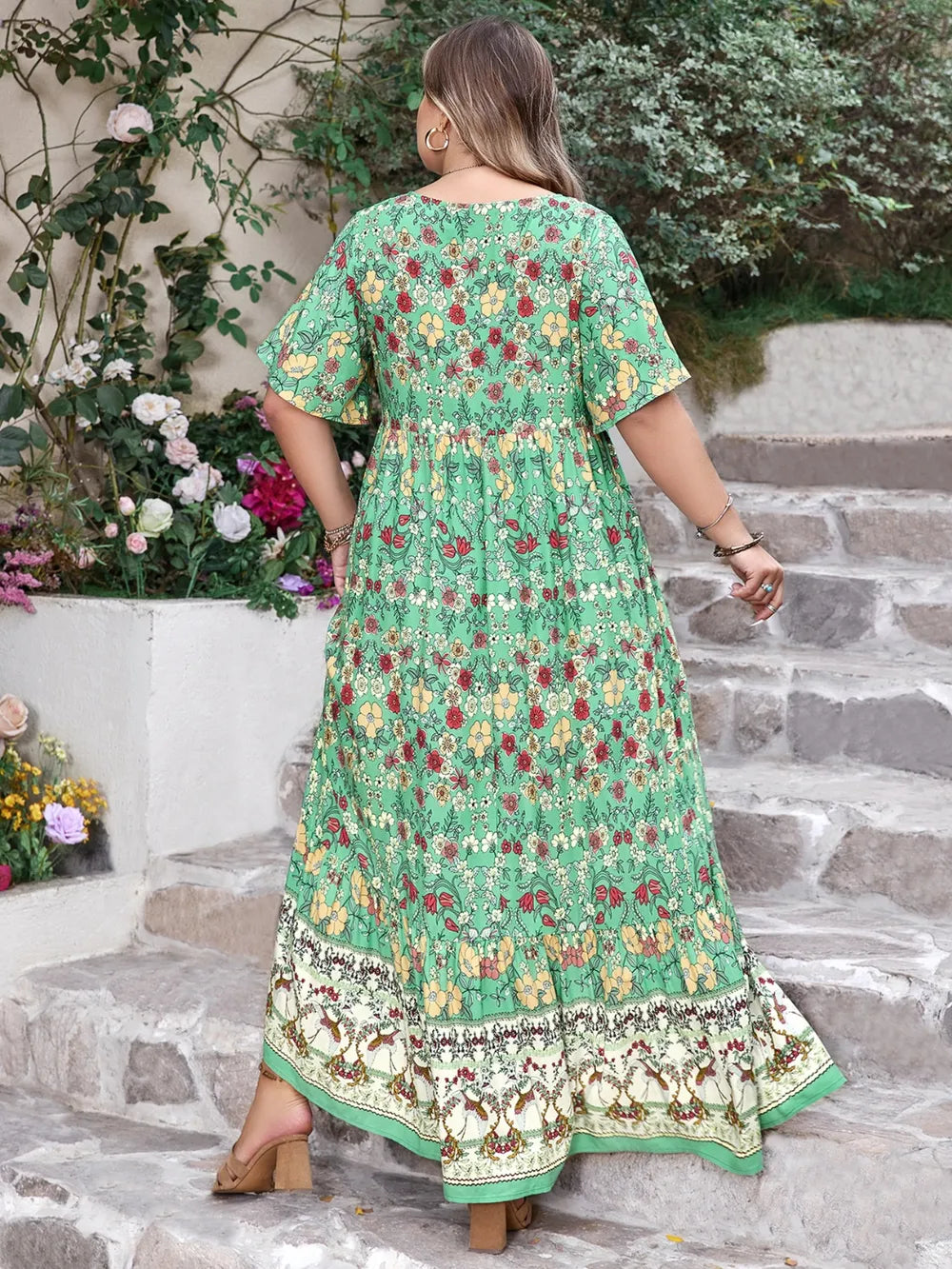 Floral Tie Neck Flutter Sleeve Maxi Dress in Gum Leaf