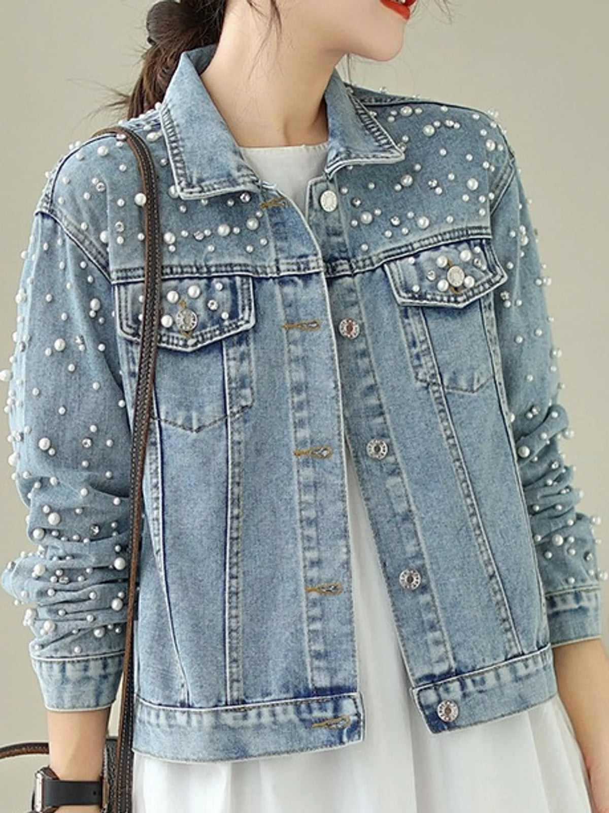 Pearl Detail Button-Up Denim Jacket
