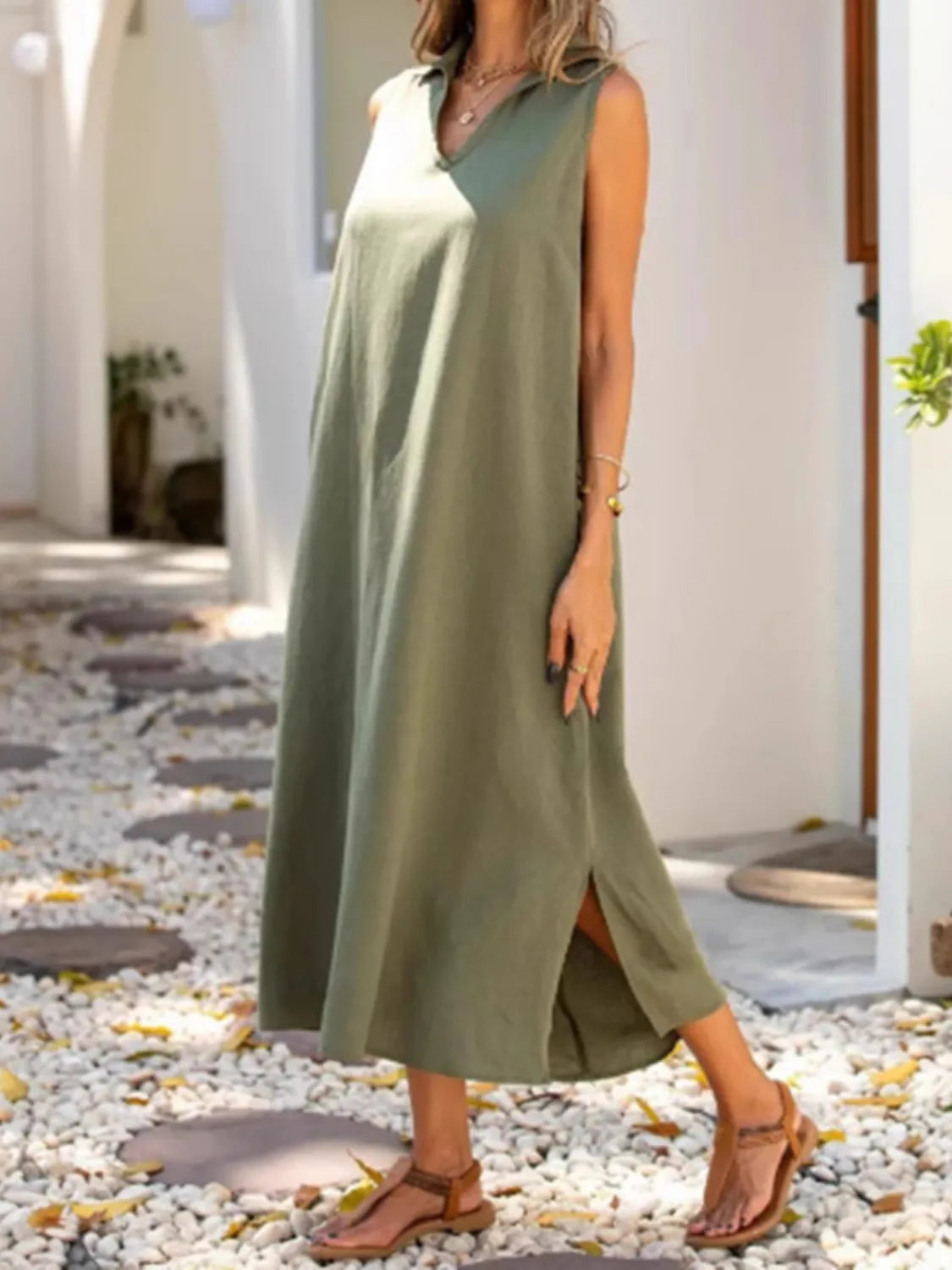 Side Slit Sleeveless Midi Dress