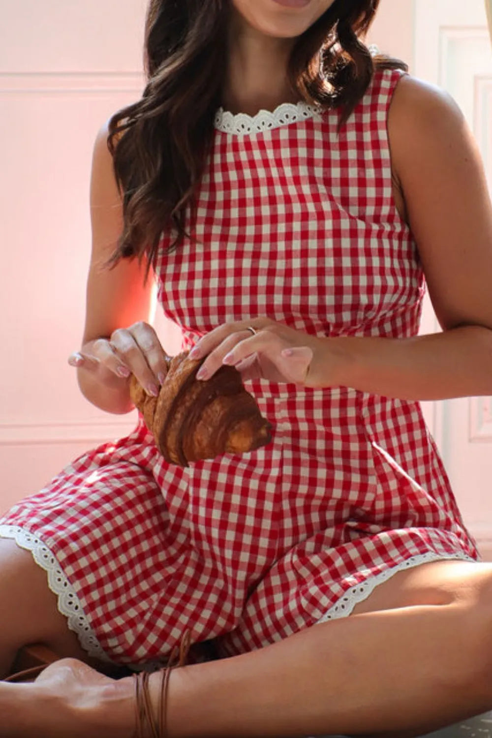 Lace-Detail Plaid Sleeveless Romper