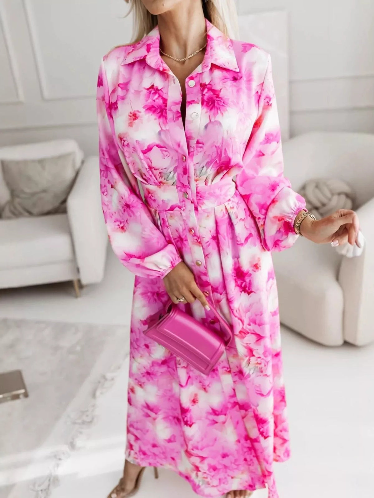Long Sleeve Ruched Maxi Shirt Dress