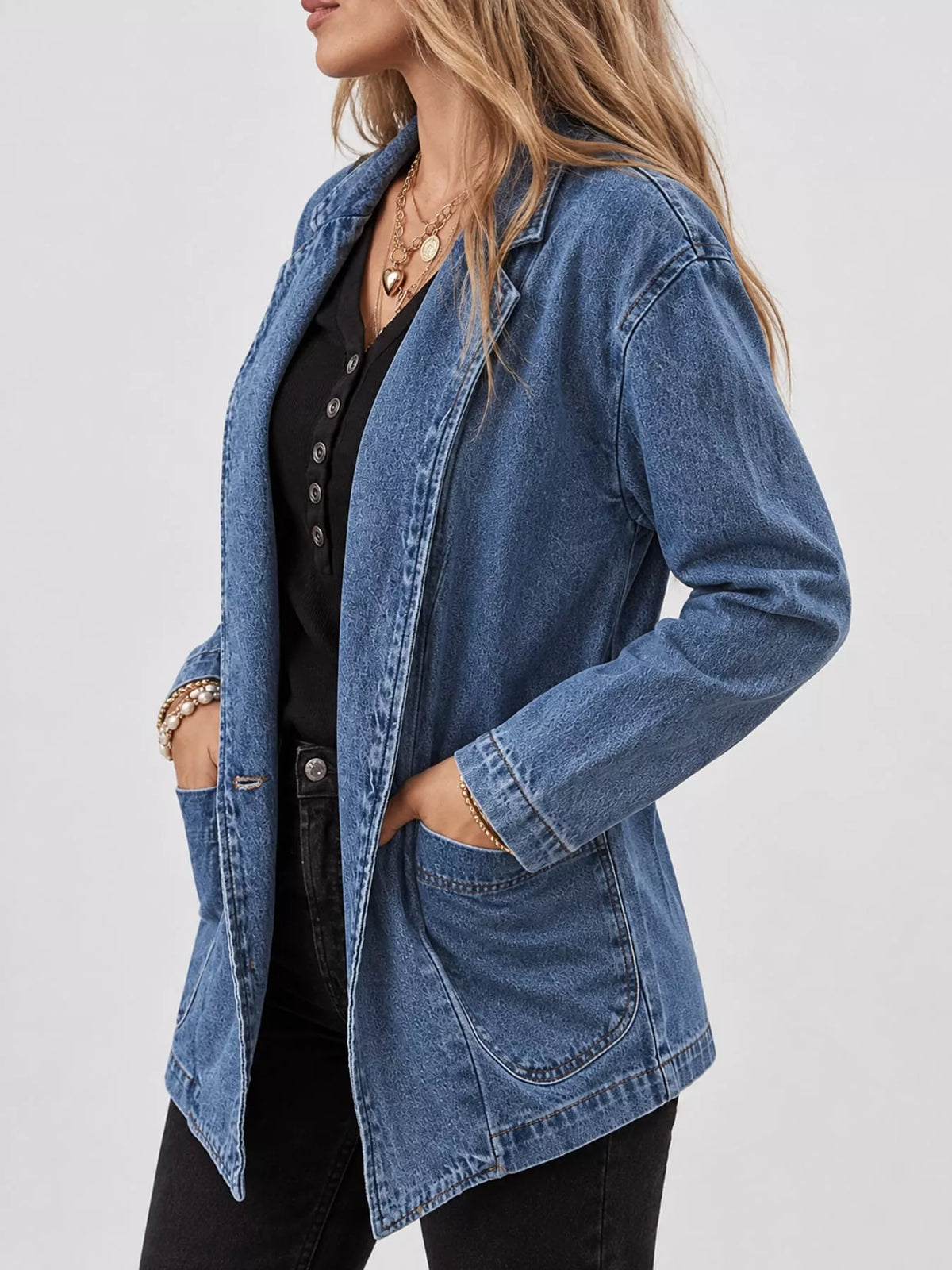 One-Button Denim Blazer in Medium Wash