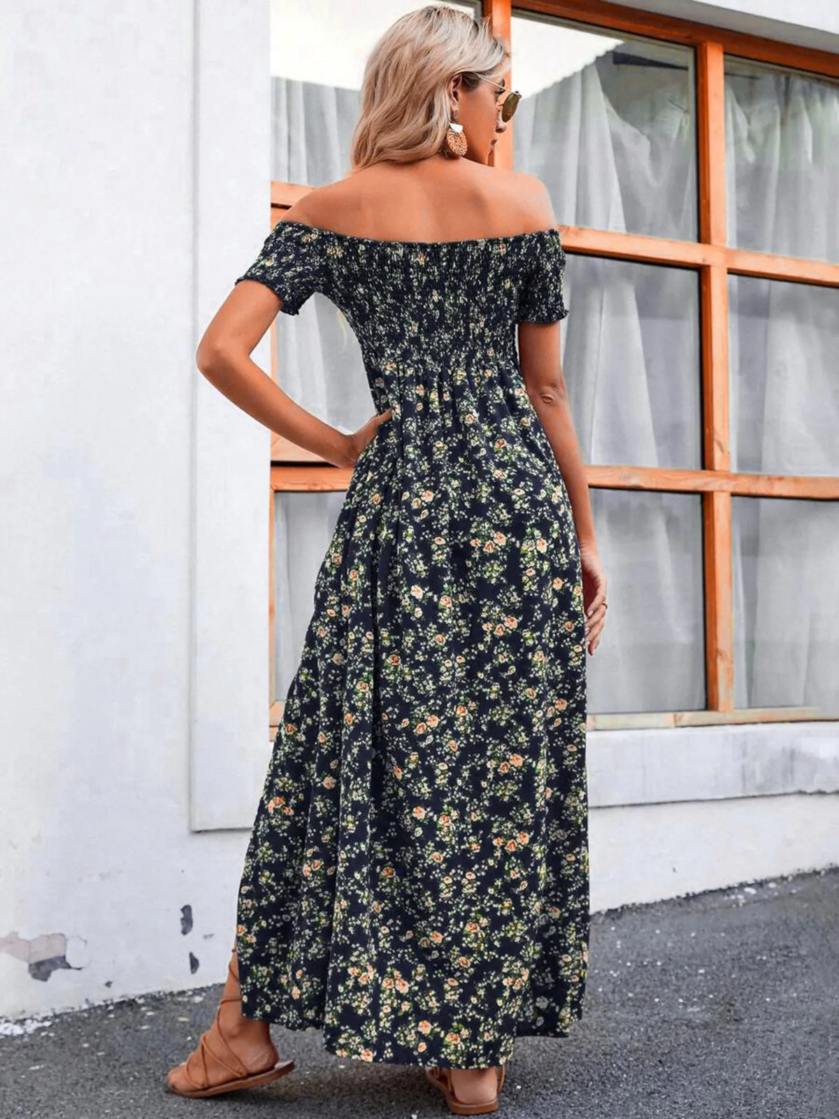 Off-Shoulder Smocked Floral Midi Dress