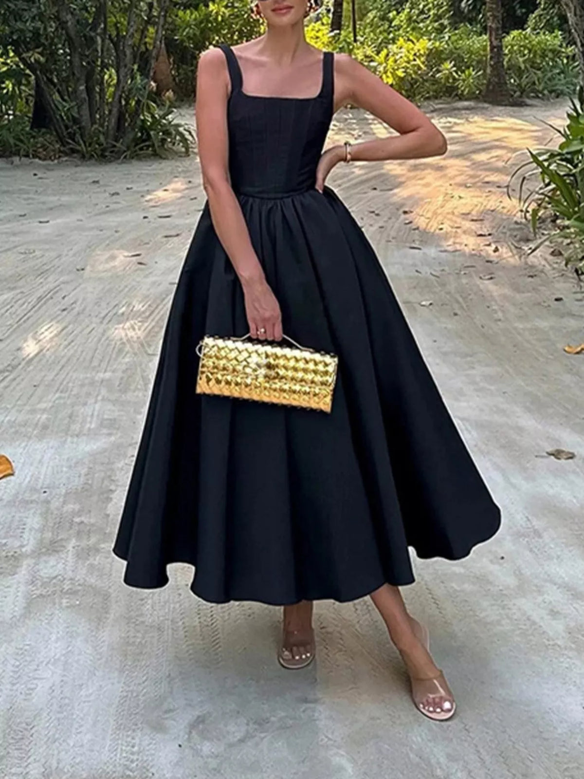 Square Neck A-Line Midi Dress in Black