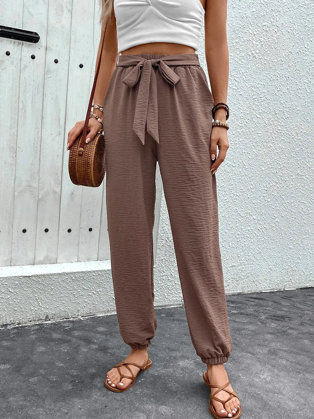 Tied High-Waist Pants with Pockets in Brown