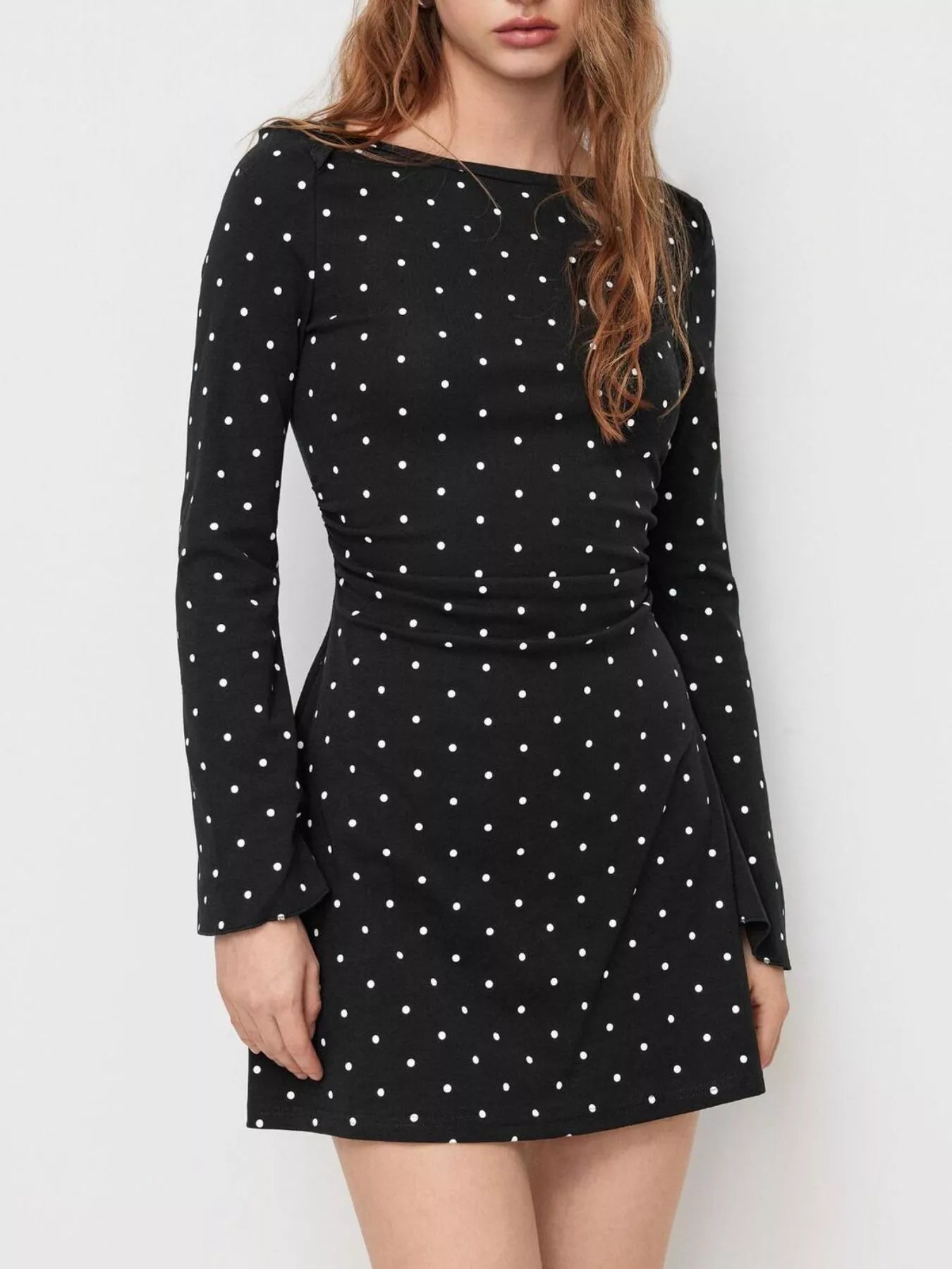 Polka Dot Flare-Sleeve Mini Dress
