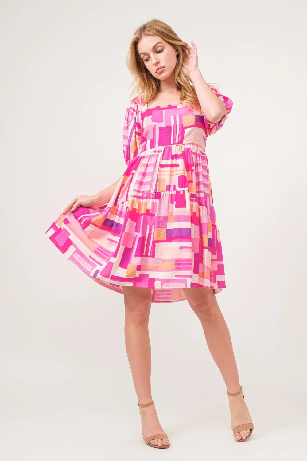 And The Why Color Block Puff Sleeve Dress in Pink Multi