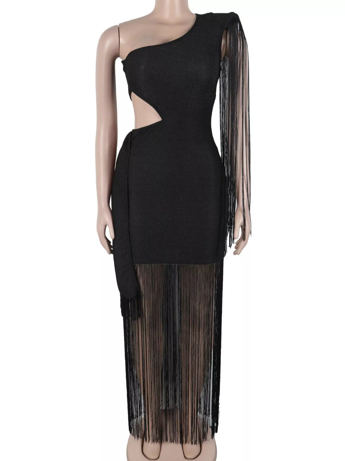 One-Shoulder Cutout Fringe Bodycon Dress