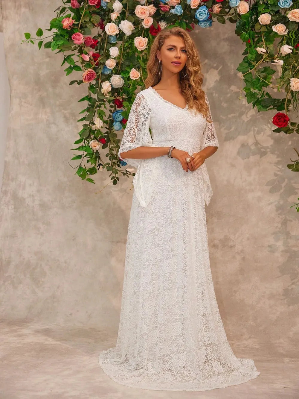 Lace V-Neck Floor-Length Dress in White by Jubilair