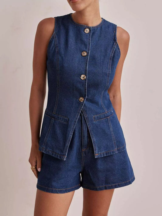 Button-Down Vest and Shorts Denim Set