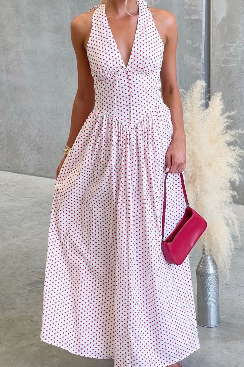 Backless Polka Dot Halter Maxi Dress