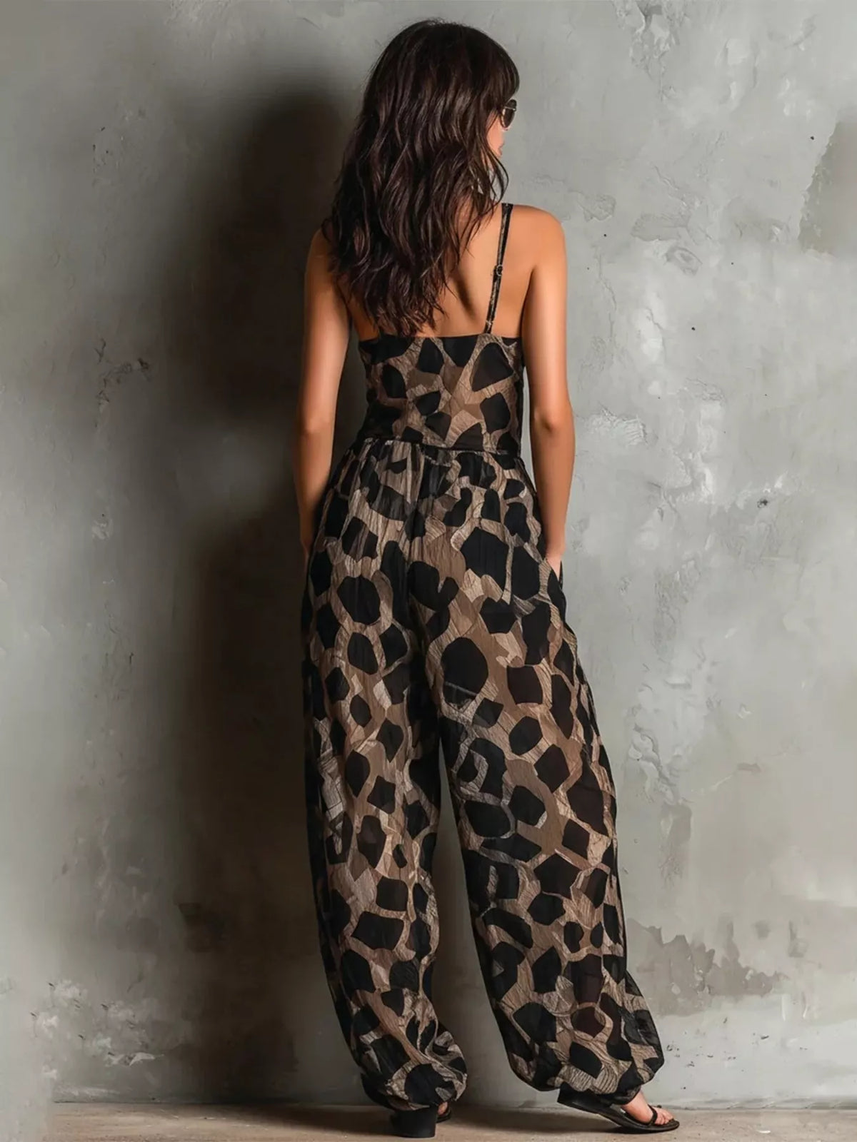 Leopard Front Tie Wide-Leg Jumpsuit in Taupe by Yvette