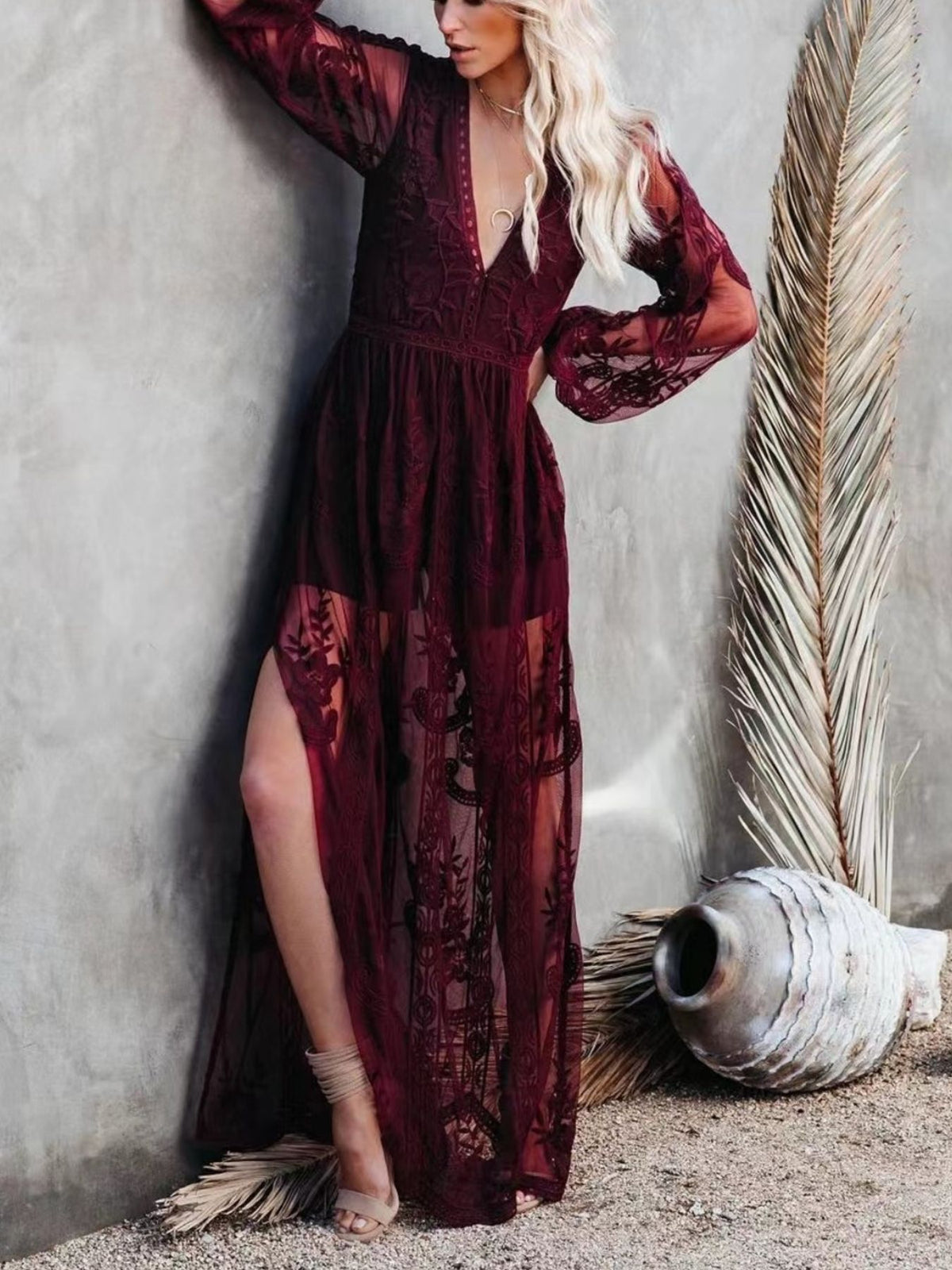 Floral Lace Maxi Dress with Side Slit