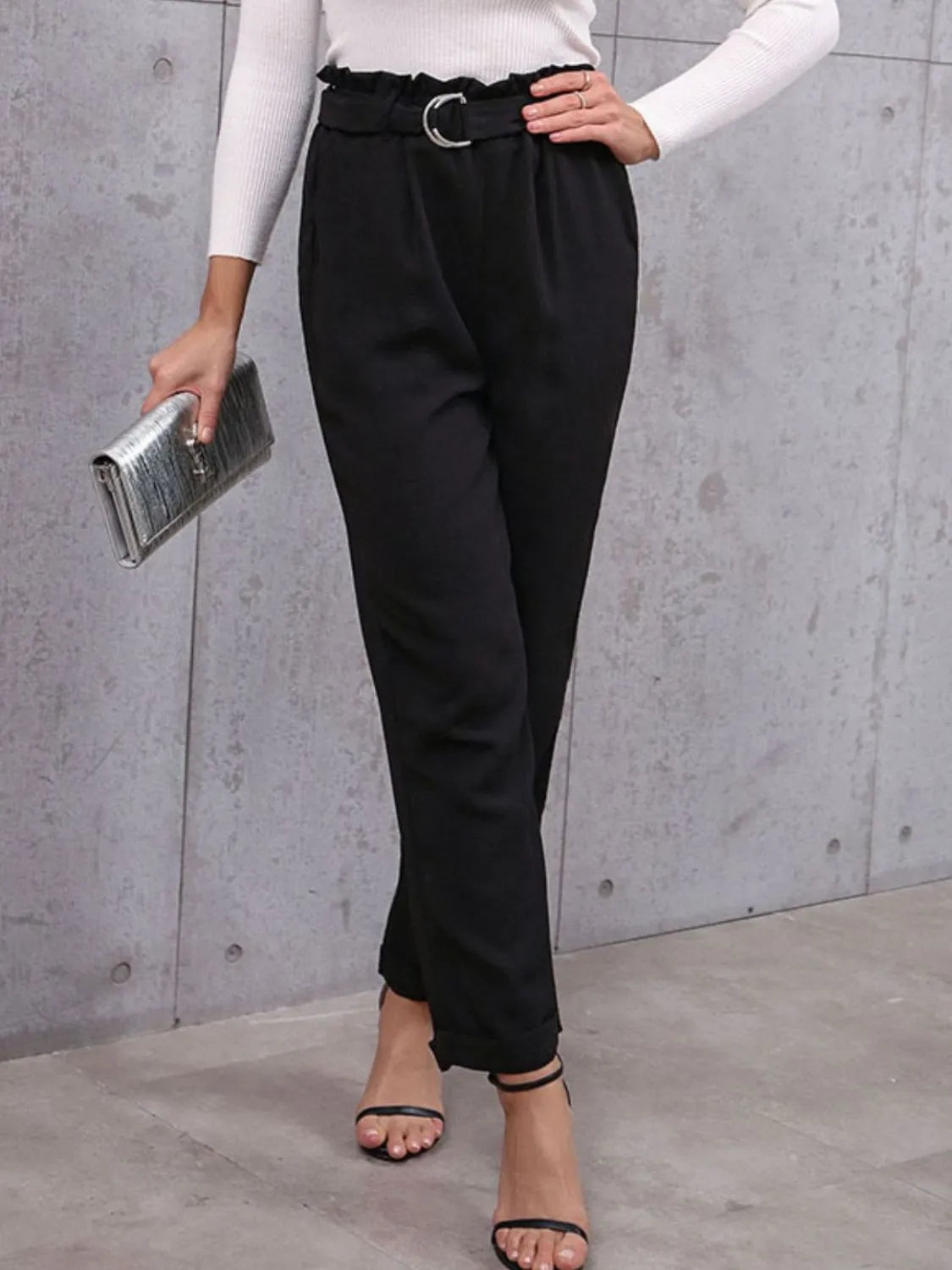 Belted Paperbag Waist Pants in Black
