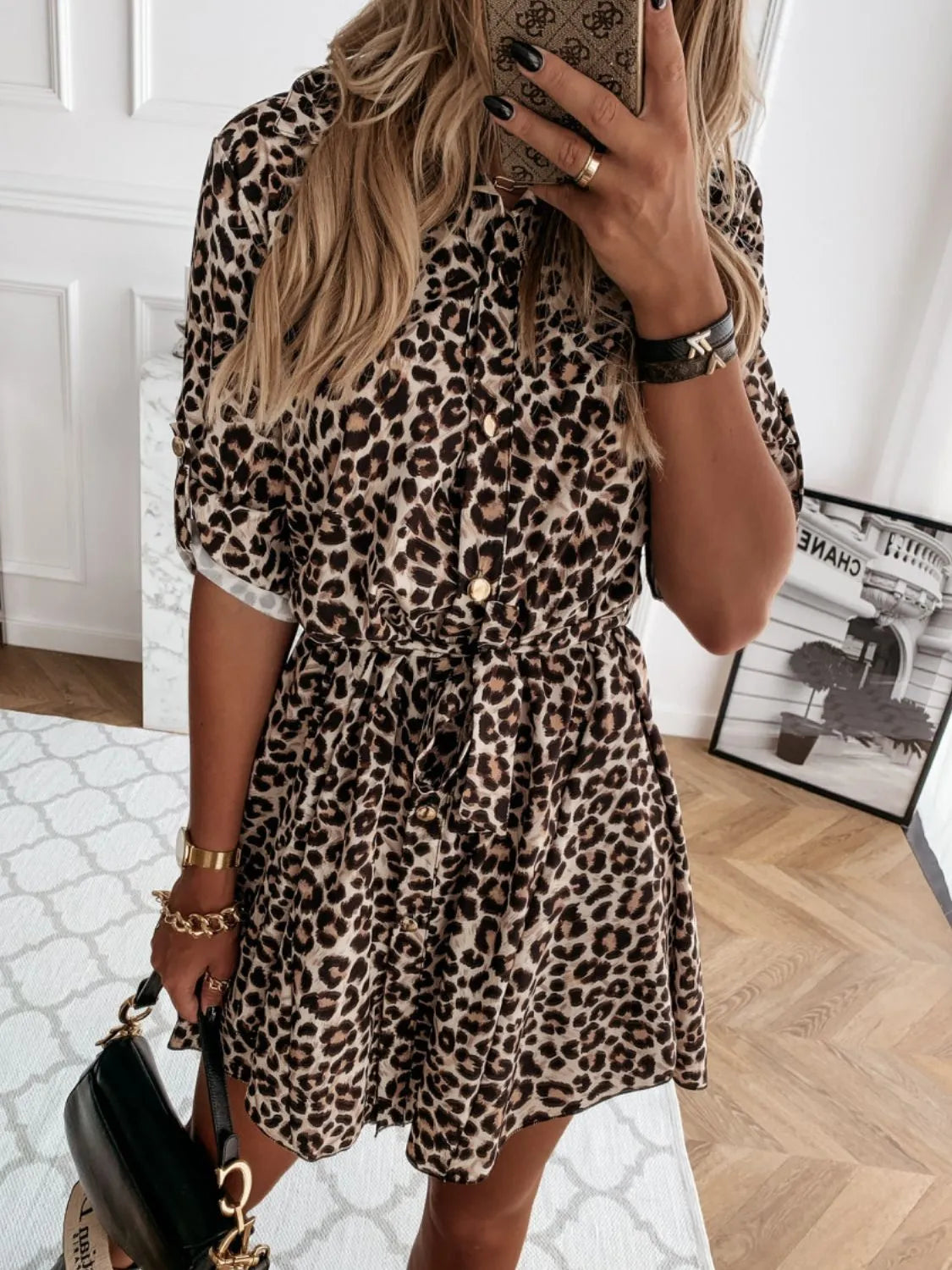 Printed Roll-Tab Sleeve Mini Dress