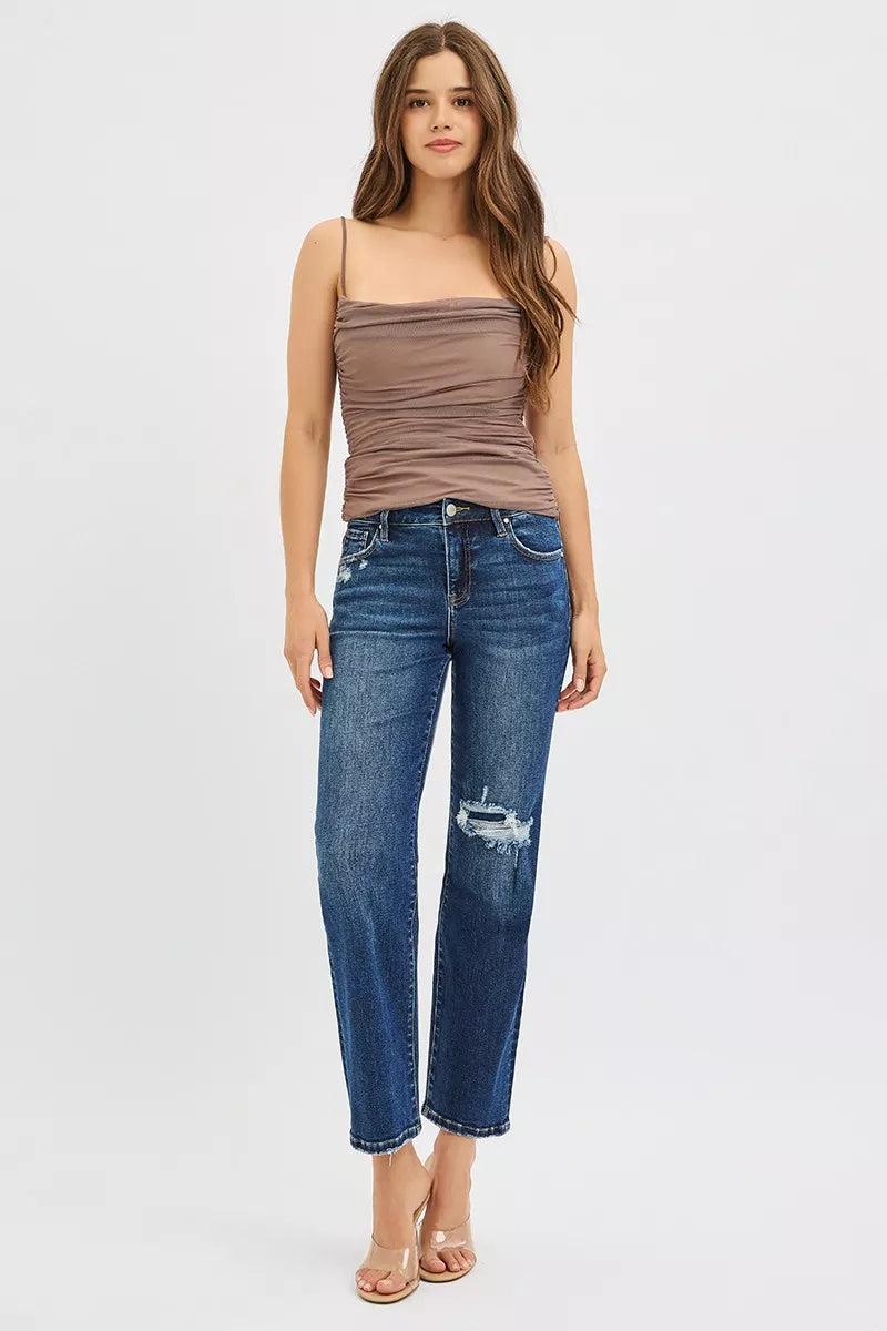 Risen High Rise Slim Straight Crop Jeans in Dark Wash