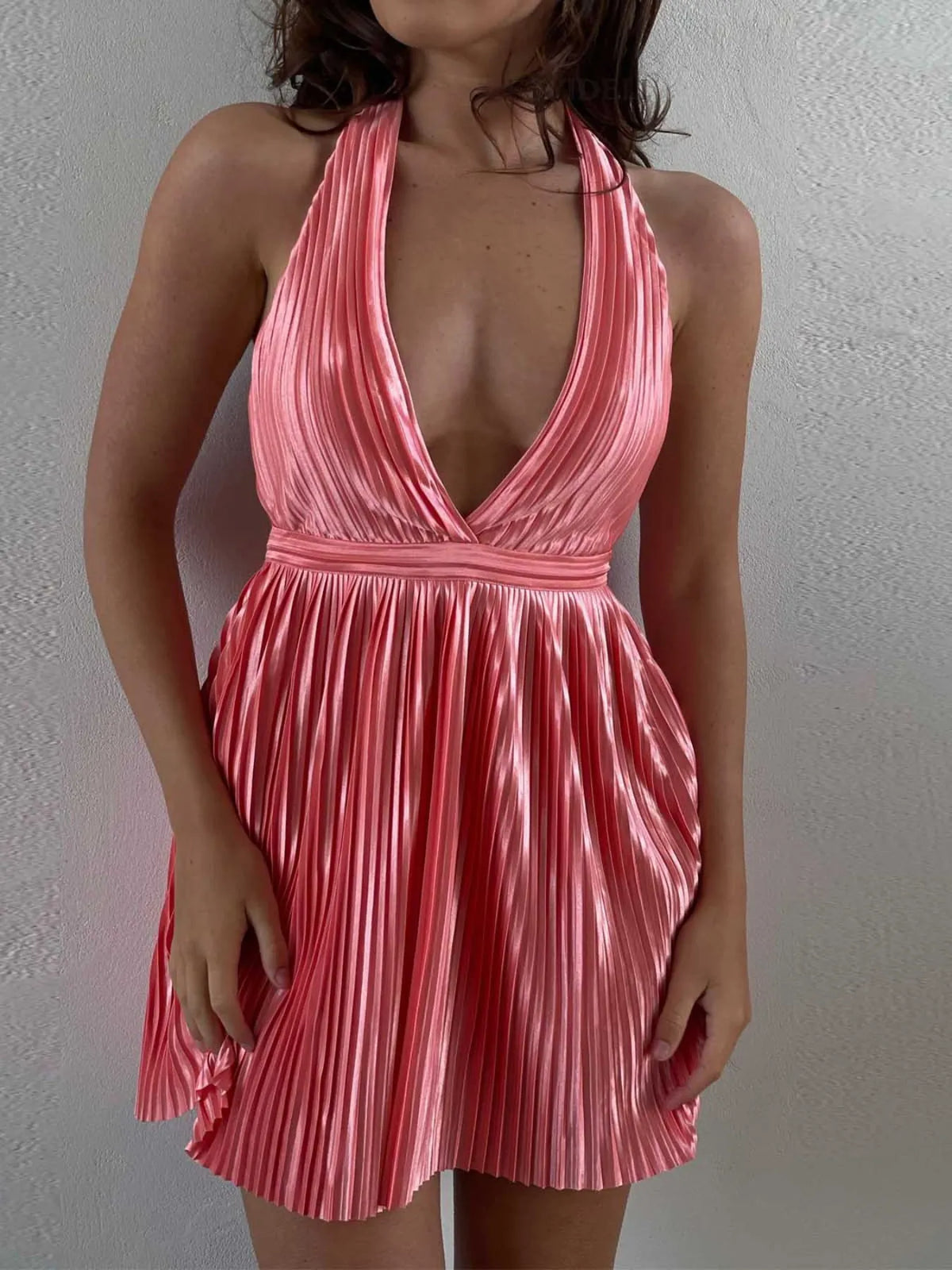 Pleated Halter Mini Dress in Royal Blue
