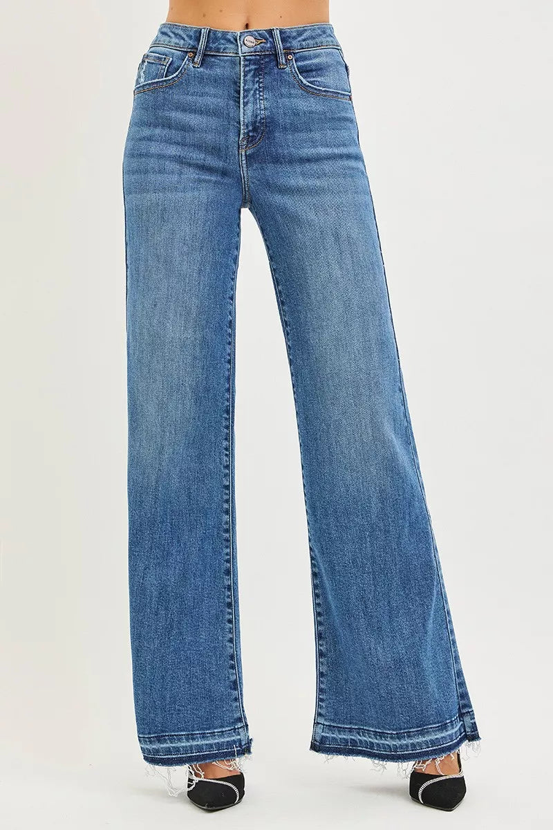 Risen High Rise Wide Leg Jeans with Released Hem in Medium Wash