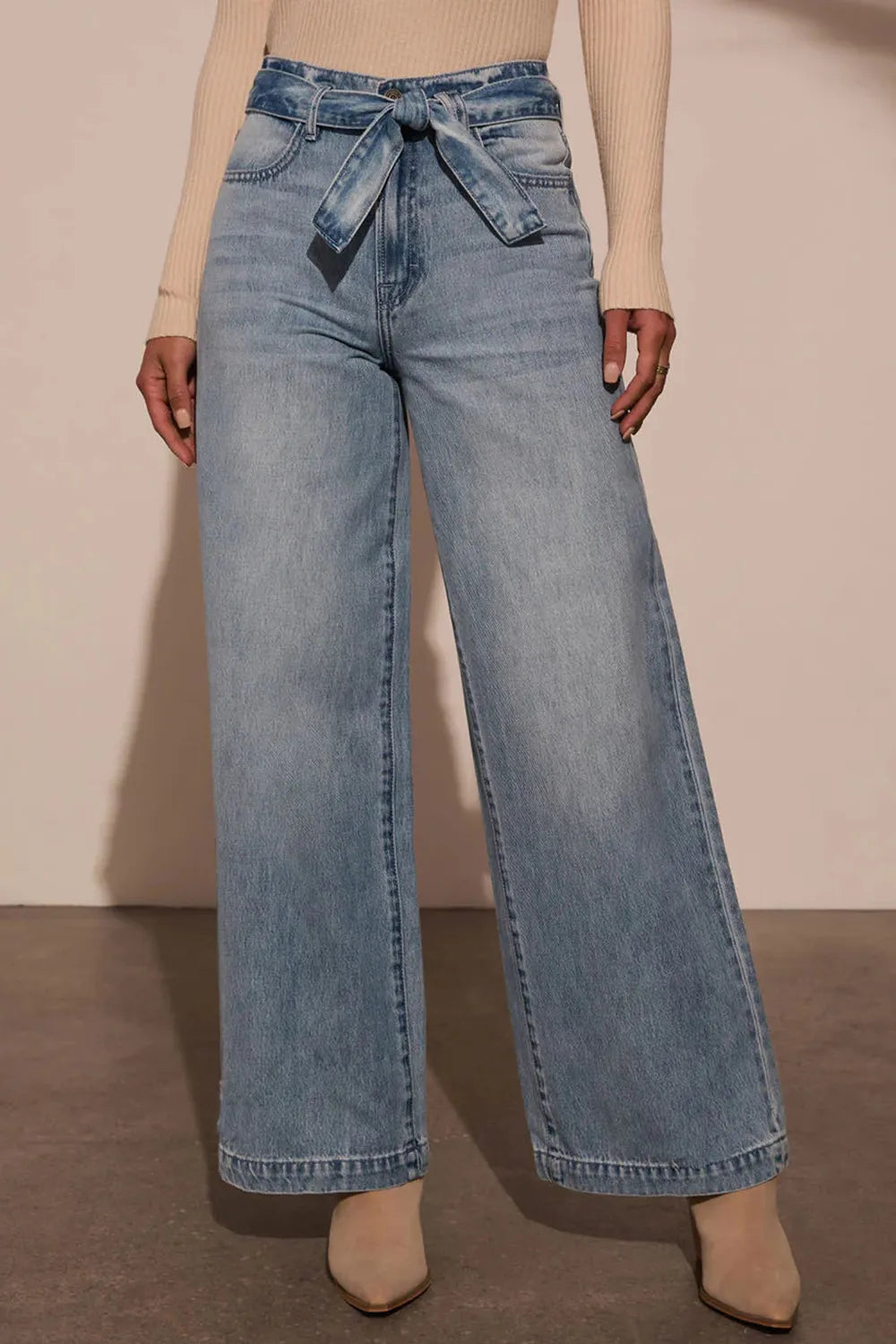 Tied Wide Leg Jeans in Medium Wash by Y.Y@Denim