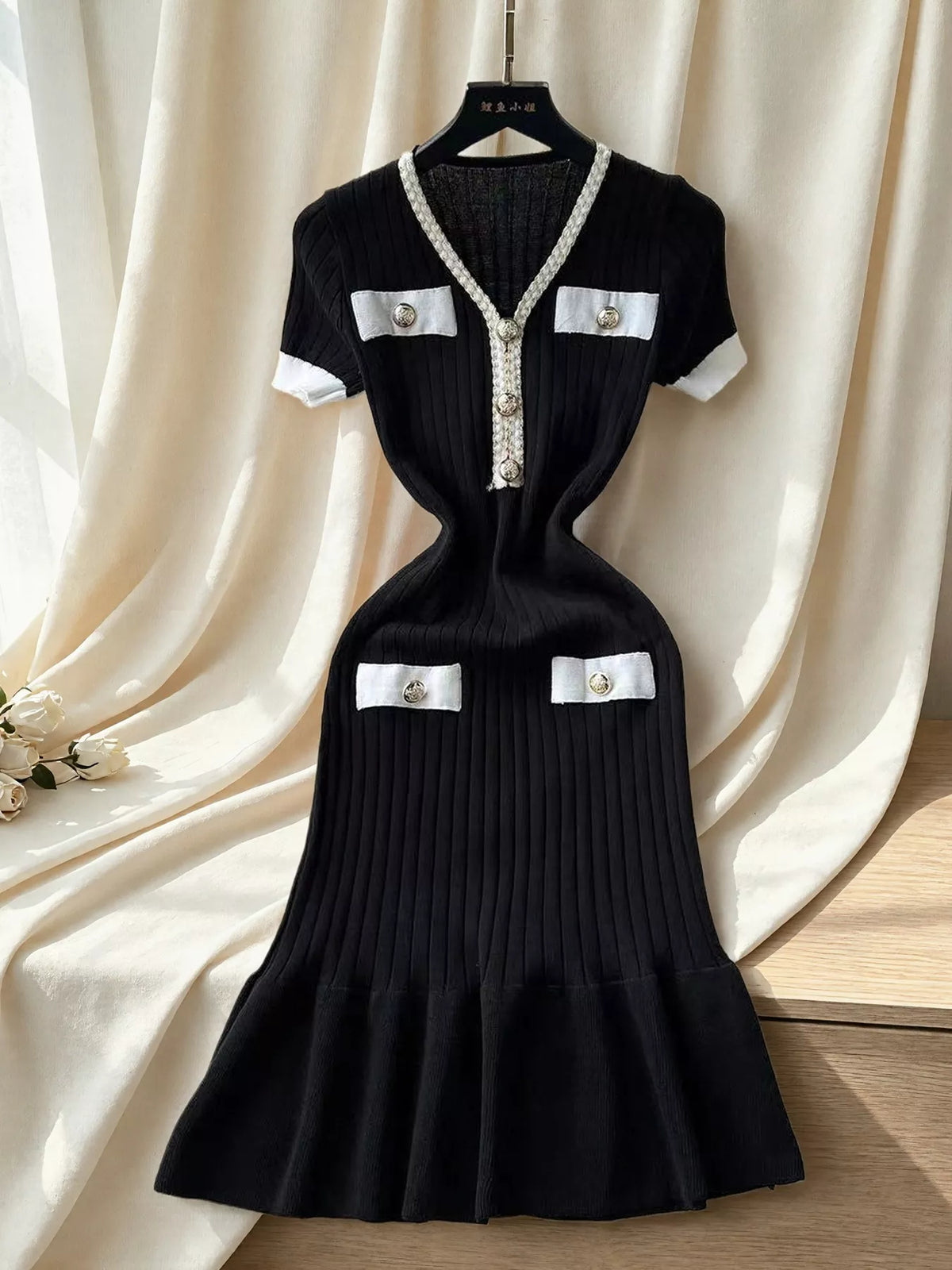 Ruffled Hem V-Neck Ribbed Knit Dress