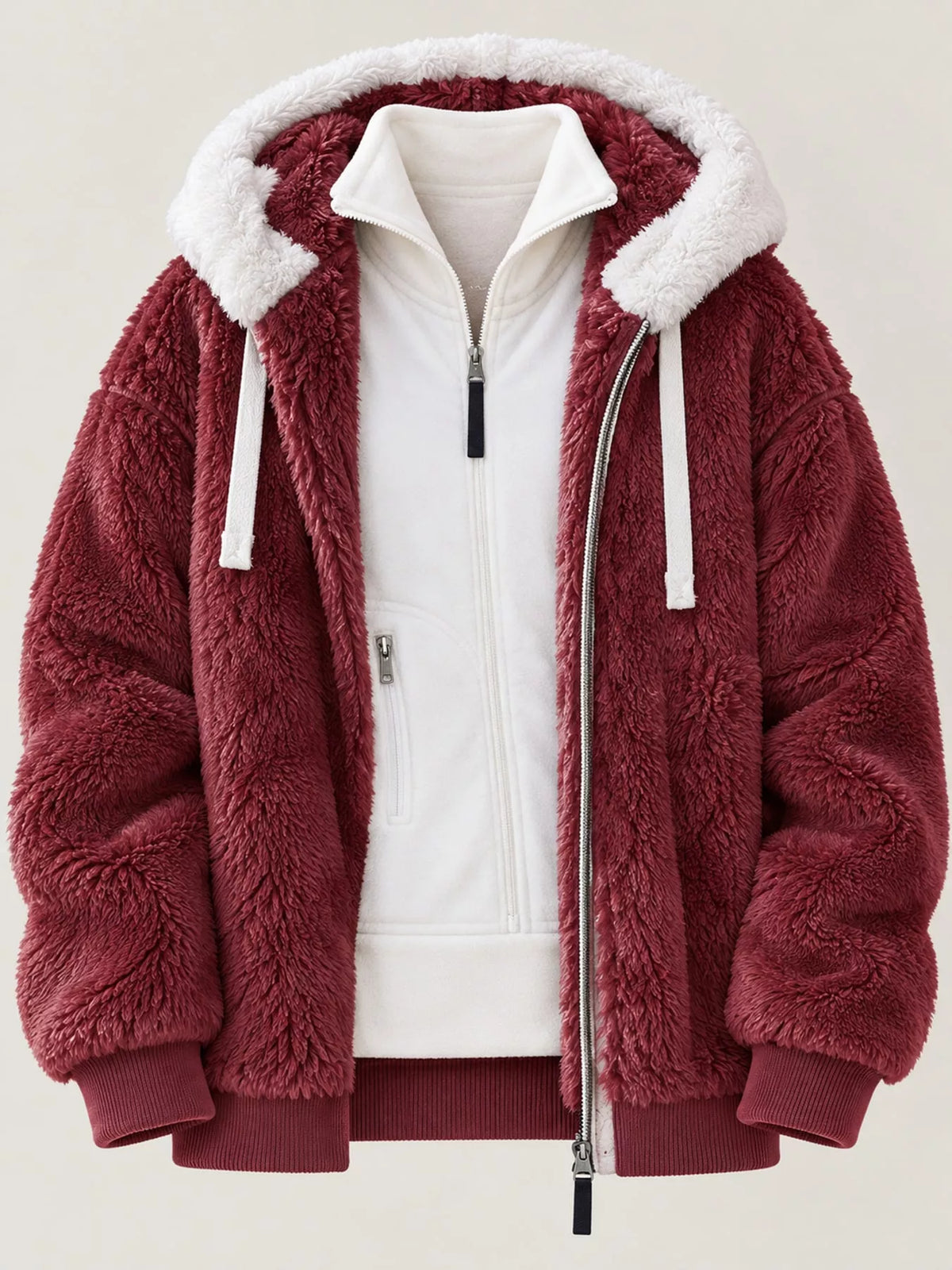 Faux Fur Hooded Zip-Up Jacket in White