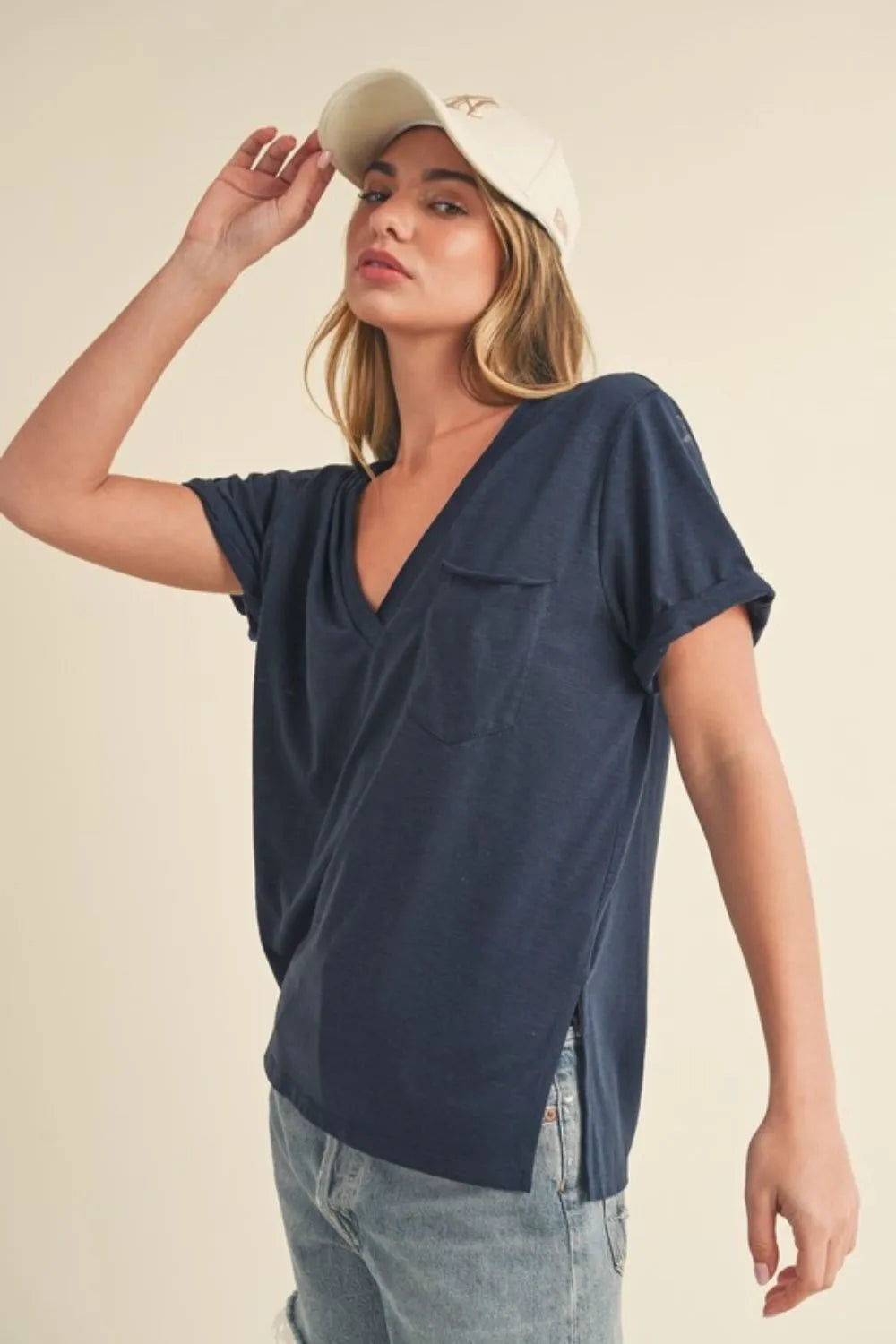 Side Slit V-Neck T-Shirt in Dark Navy