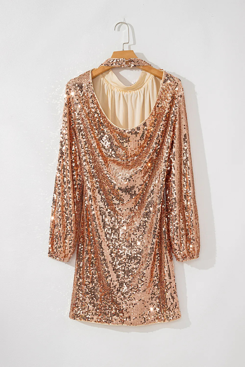 Backless Sequin Mock Neck Dress in Gold