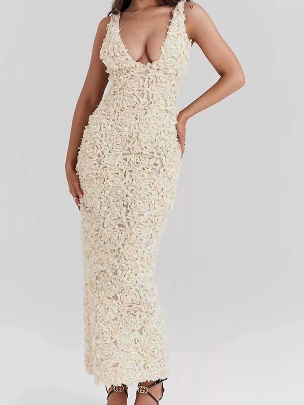 Floral Applique Deep V-Neck Maxi Dress in White